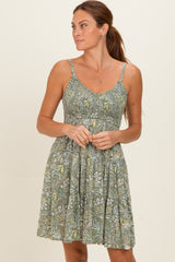 Green Floral Sleeveless Tiered Dress