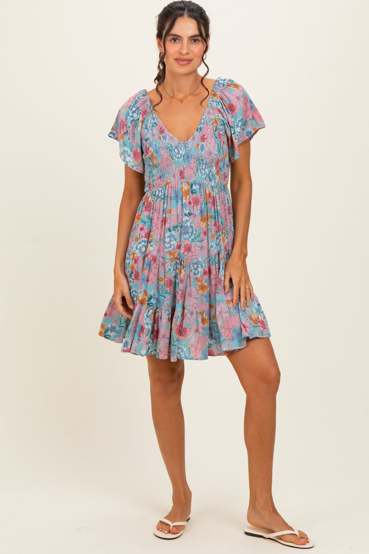 Teal V Neck Smocked Bust Short Sleeve Short Dress