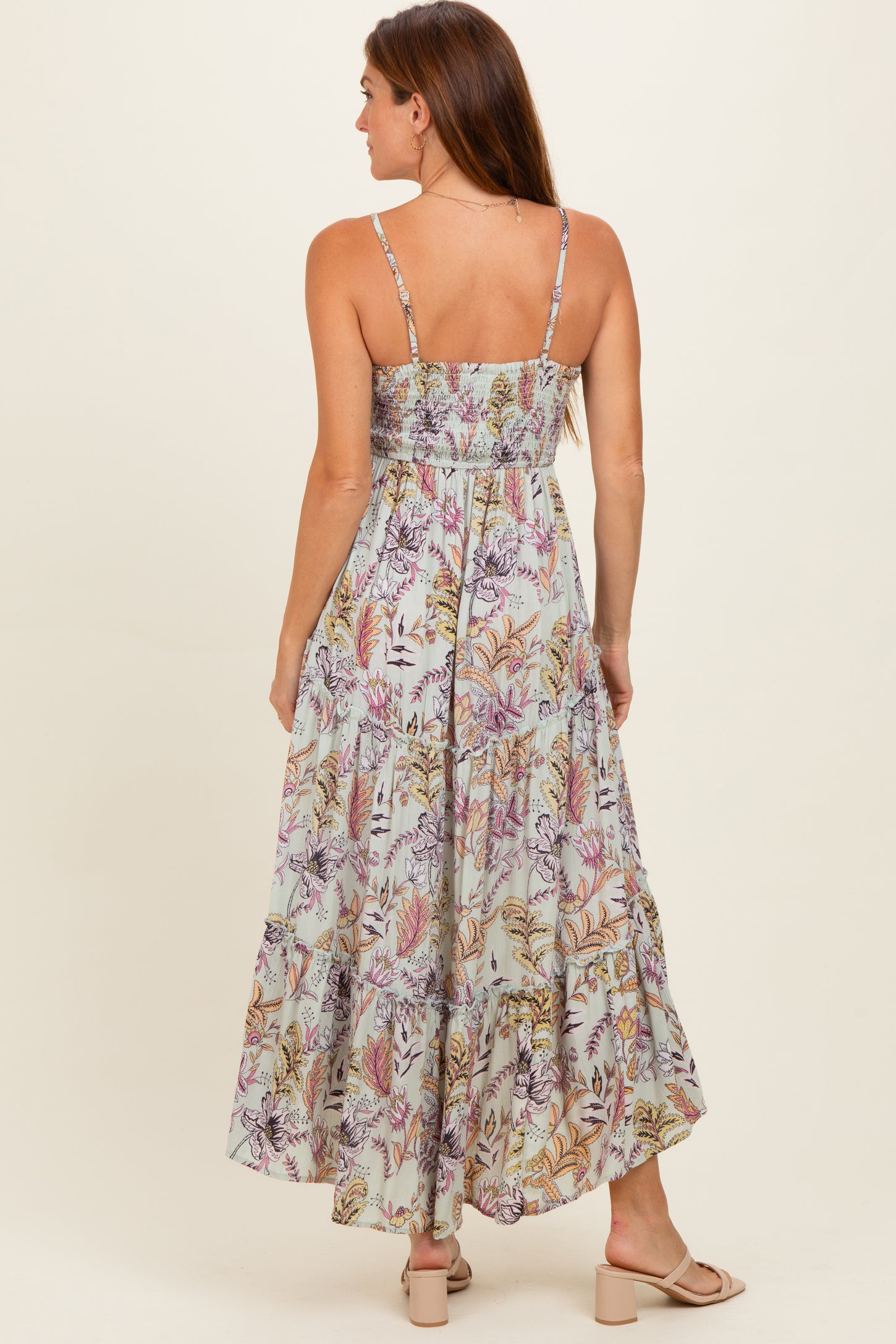 Celedon Smocked Bust Tiered Slight Hi Lo Hem Maxi Dress