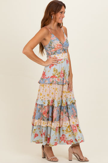 Multi V Neck Twist Front Tiered Maxi Dress