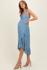 Cornflower V Neck Twist Front Cut Out Side Ruffle Slit Maternity Midi Dress