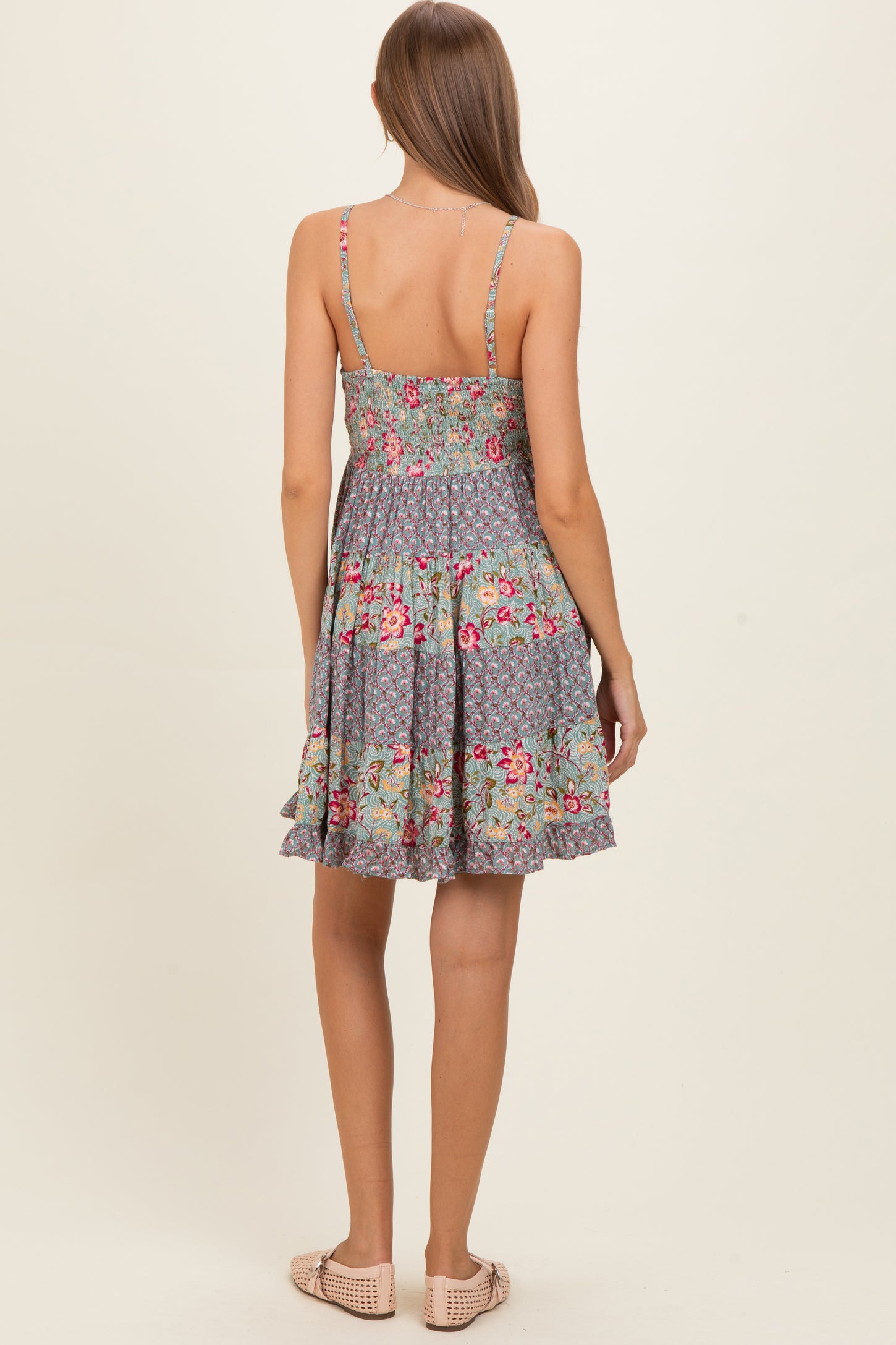 Jade V Neck Smocked Bodice Mix Print Maternity Sundress
