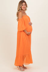 Orange Chiffon Off Shoulder Maternity Maxi Dress