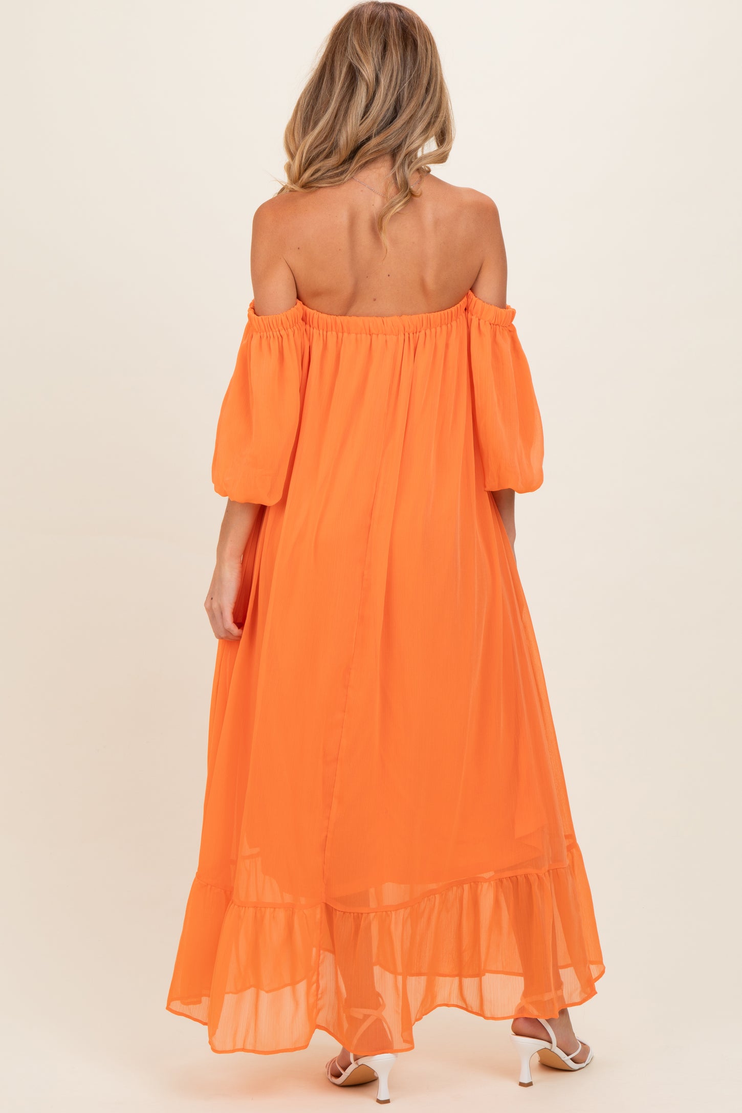 Orange Chiffon Off Shoulder Maternity Maxi Dress