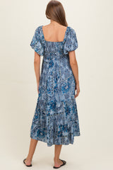 Blue Smocked Bodice Puff Sleeve Printed Maternity Midi Dress