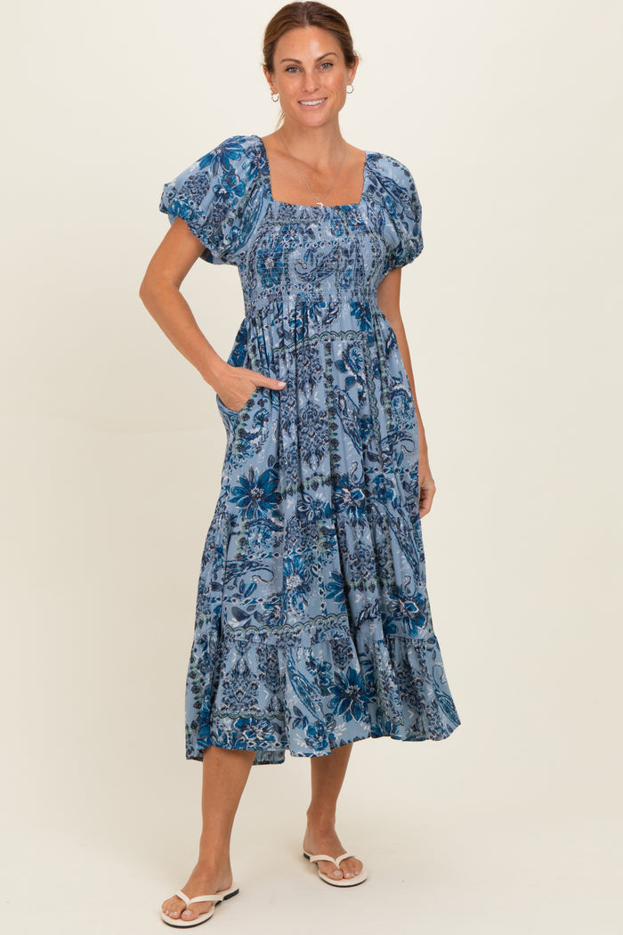 Blue Smocked Bodice Puff Sleeve Printed Maternity Midi Dress