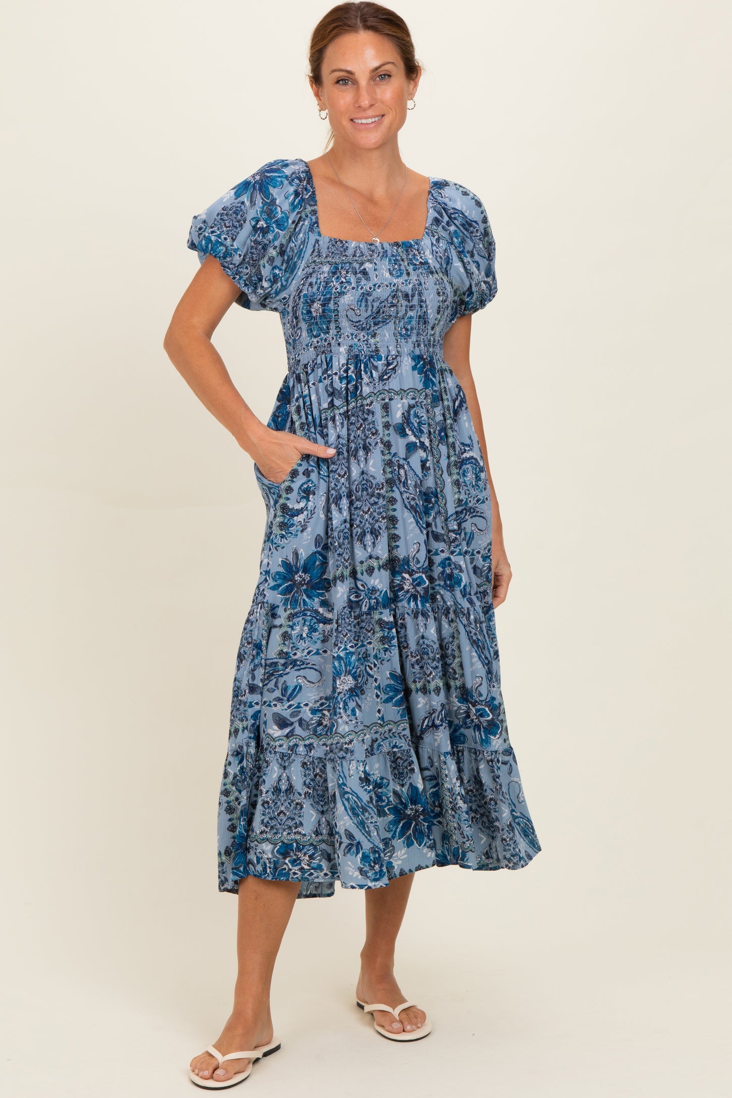 Blue Smocked Bodice Puff Sleeve Printed Midi Dress
