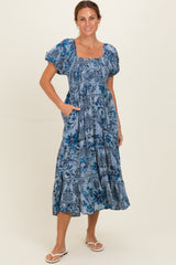 Blue Smocked Bodice Puff Sleeve Printed Midi Dress
