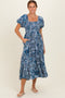 Blue Smocked Bodice Puff Sleeve Printed Midi Dress