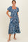 Blue Smocked Bodice Puff Sleeve Printed Midi Dress