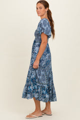 Blue Smocked Bodice Puff Sleeve Printed Midi Dress