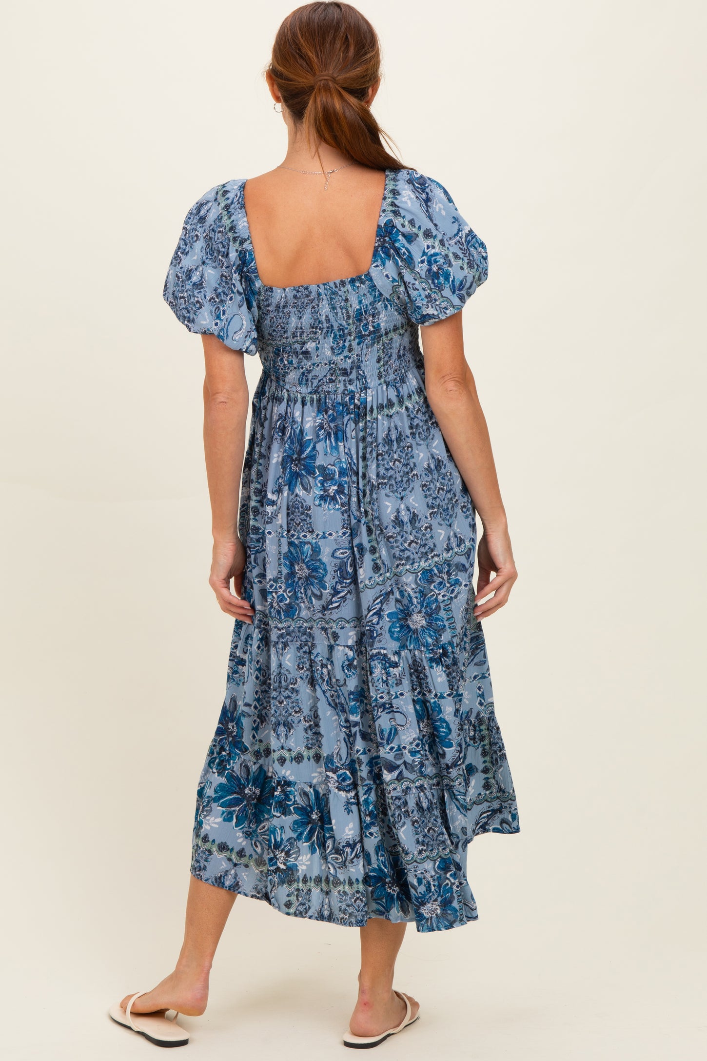 Blue Smocked Bodice Puff Sleeve Printed Midi Dress