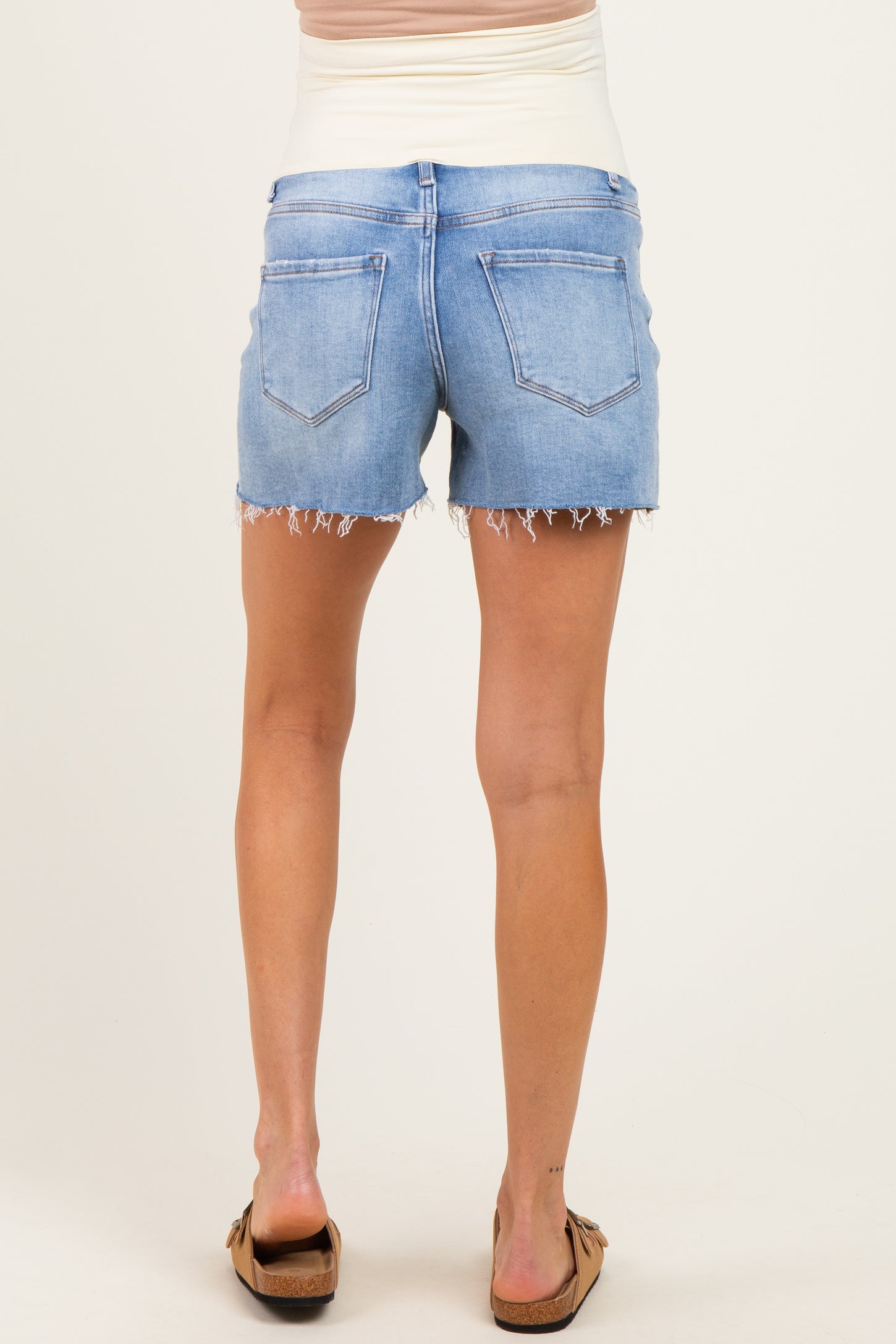 Light Blue Distressed Raw Hem Maternity Denim Shorts