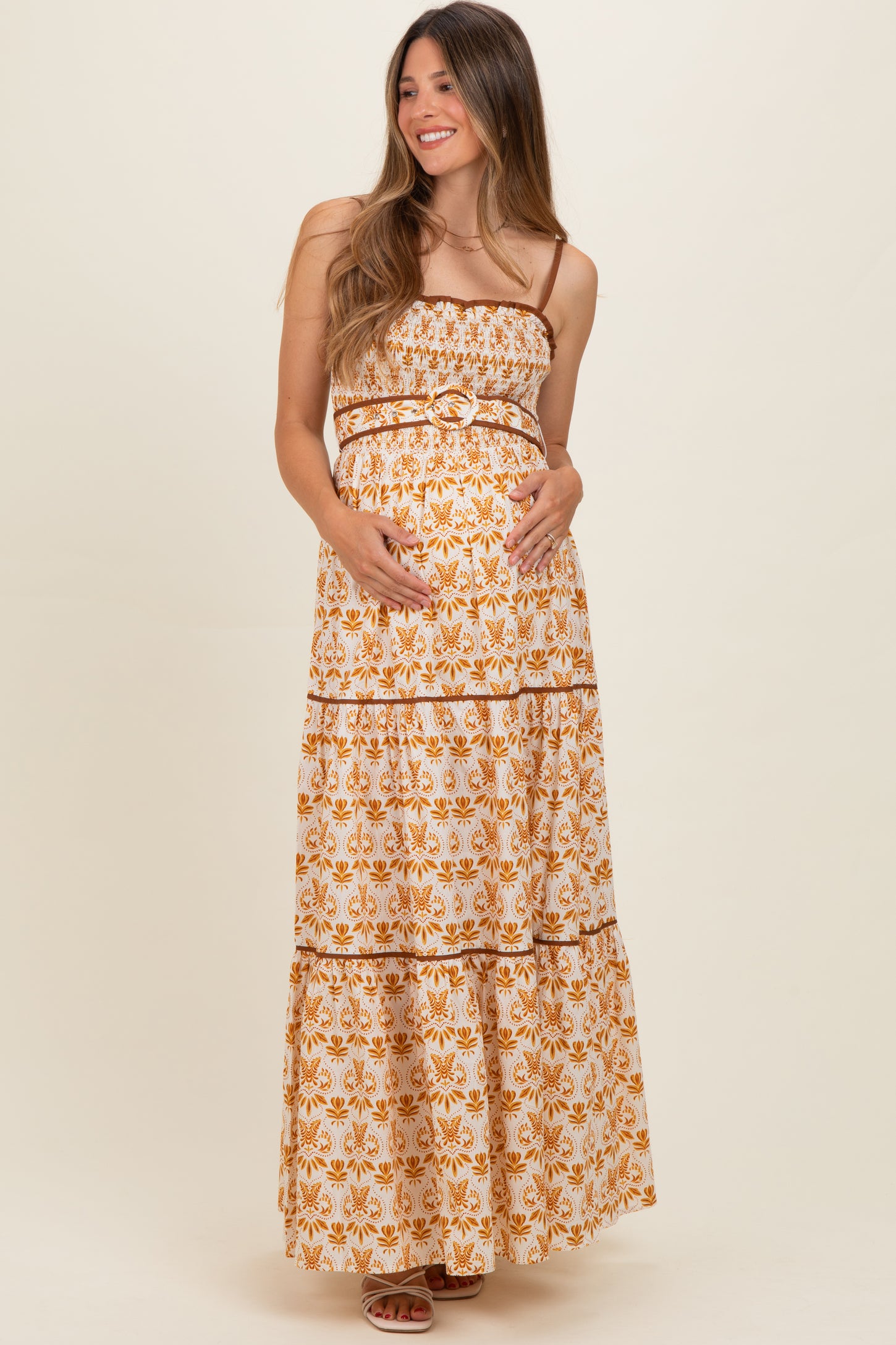Camel Printed Smocked Maternity Maxi Dress