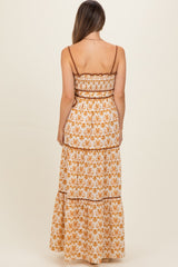 Camel Printed Smocked Maternity Maxi Dress