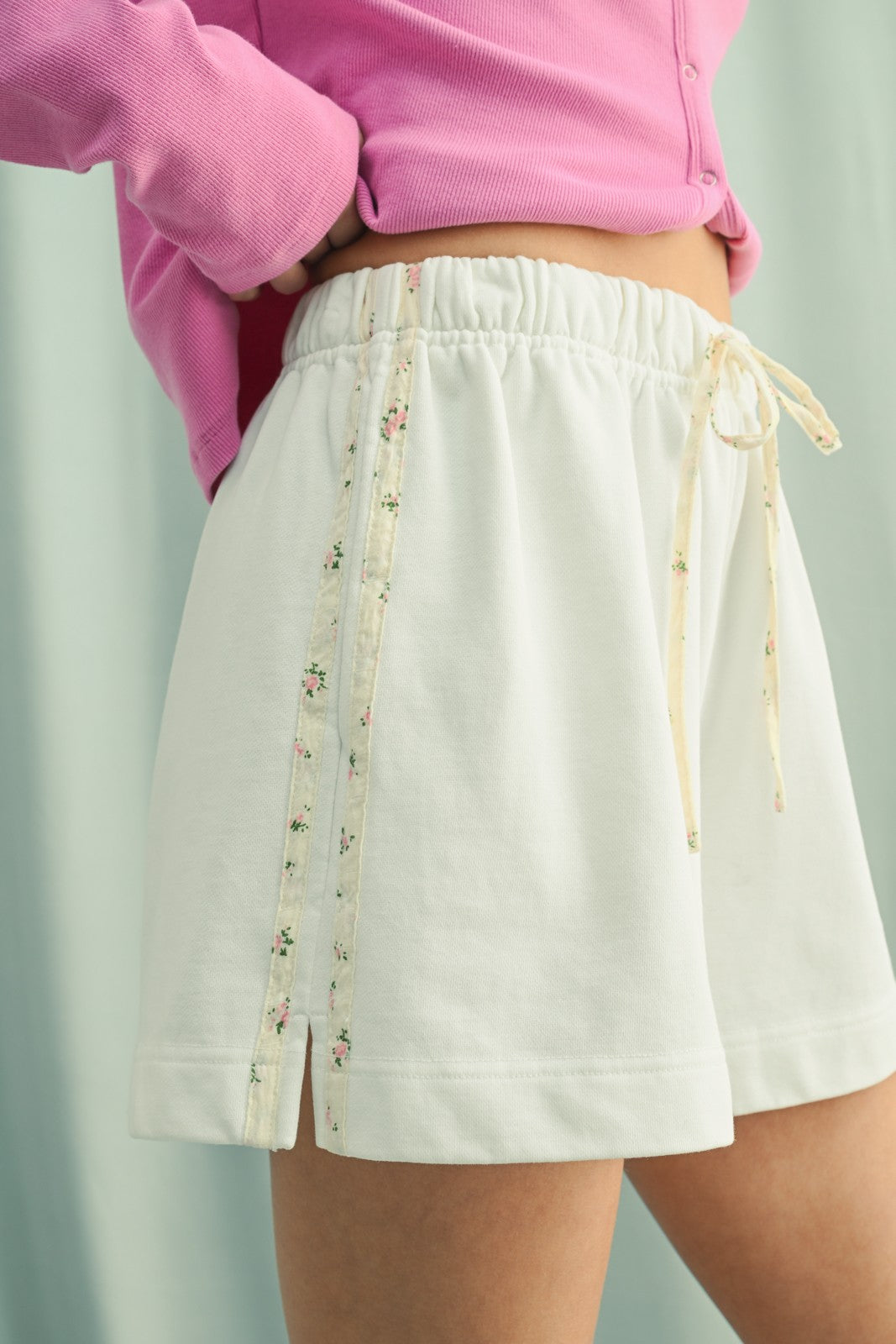 White Floral Print Side Stripe Shorts