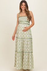 Green Printed Smocked Maternity Maxi Dress