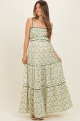 Green Printed Smocked Maternity Maxi Dress