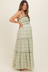 Green Printed Smocked Maternity Maxi Dress
