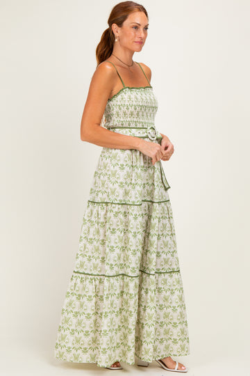 Green Printed Smocked Maxi Dress
