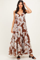 Brown Tropical Floral Maxi Dress