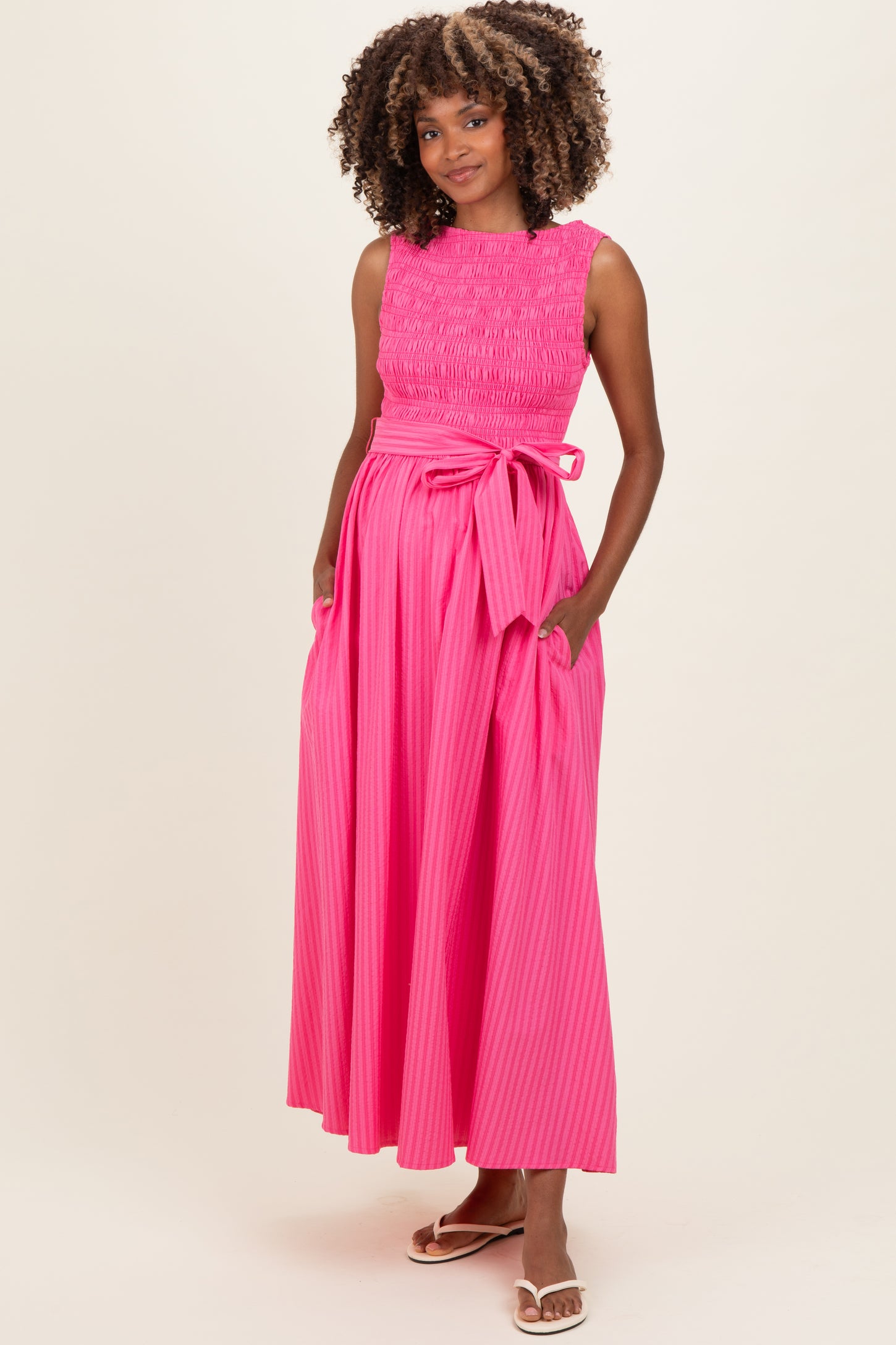 Pink Textured Tie Maternity Midi Dress