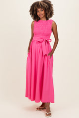 Pink Textured Tie Maternity Midi Dress