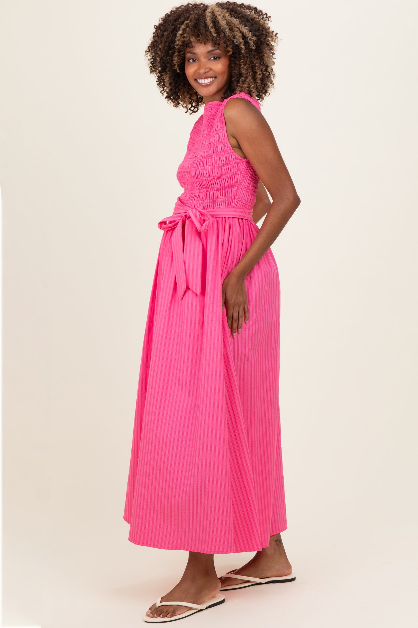 Pink Textured Tie Maternity Midi Dress