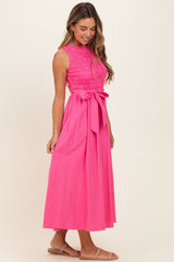 Pink Textured Tie Midi Dress