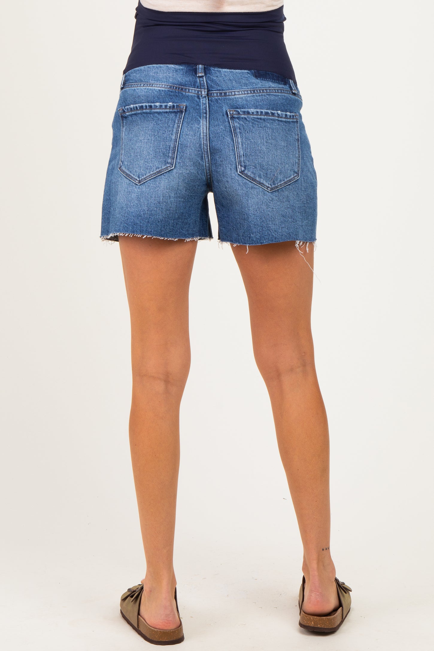 Blue Medium Wash Raw Hem Maternity Denim Shorts