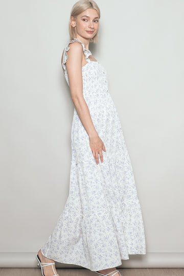 Cream Floral Ruffle Tier Button Detail Maxi Dress