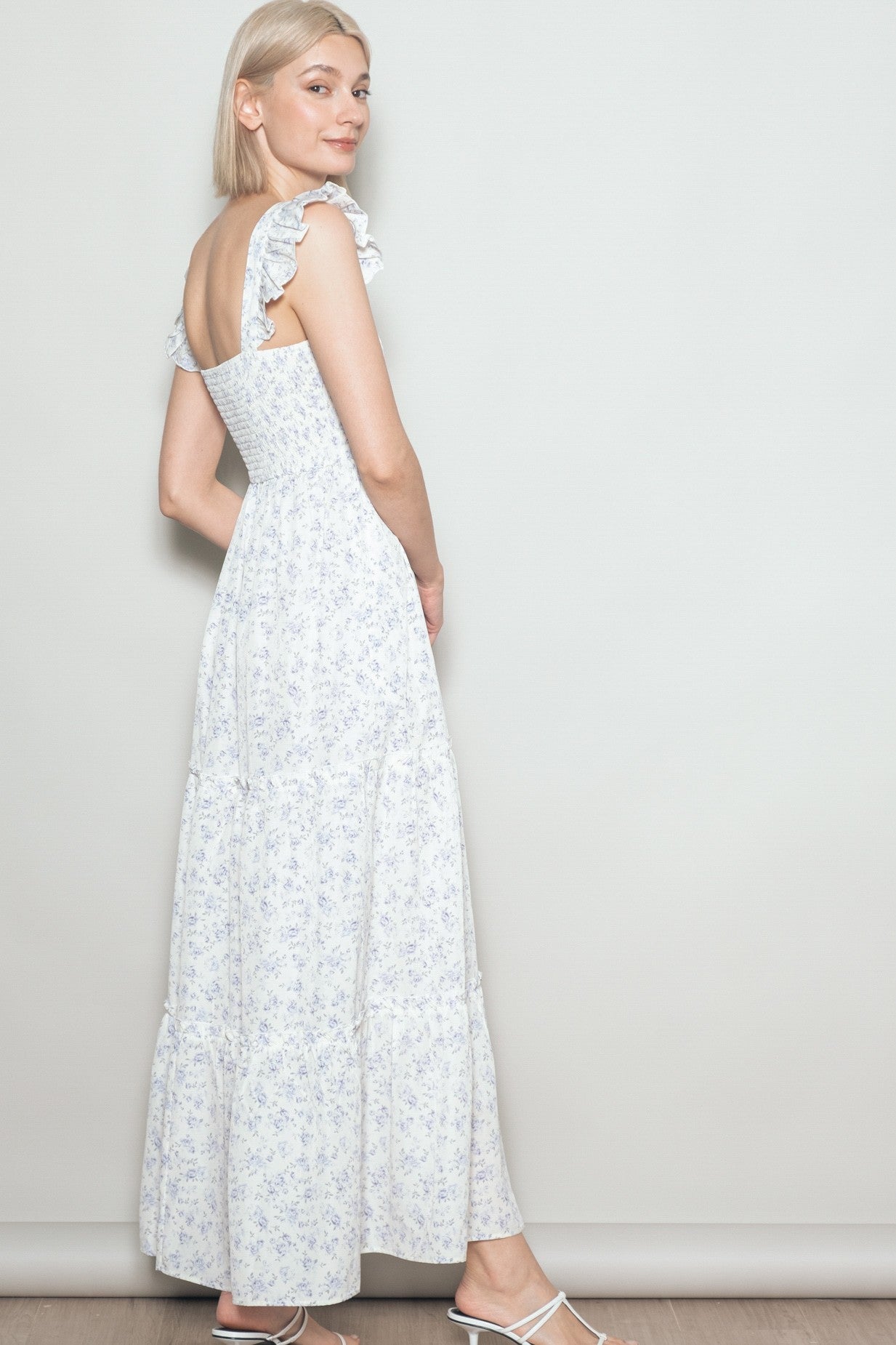 Cream Floral Ruffle Tier Button Detail Maxi Dress