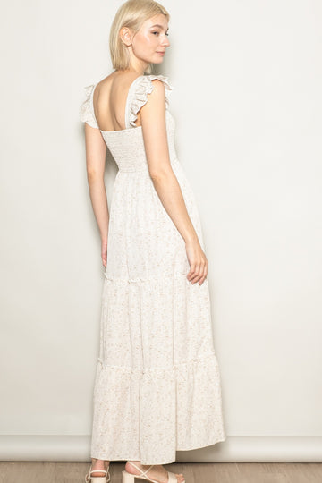 Cream Floral Ruffle Tier Button Detail Maxi Dress