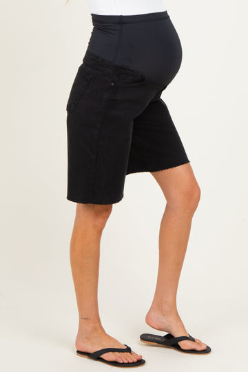 Black Raw Hem Maternity Denim Bermuda Shorts
