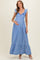 Blue Striped Flounce Neckline Button Down Maternity Maxi Dress