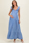 Blue Striped Flounce Neckline Button Down Maternity Maxi Dress