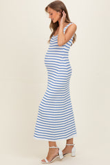 Blue Striped Ribbed Sleeveless Maternity Maxi Dress