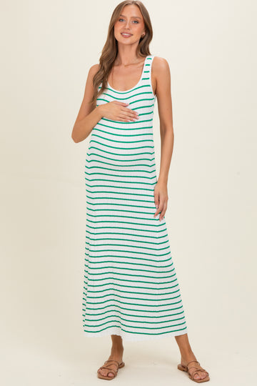 Green Striped Ribbed Sleeveless Maternity Maxi Dress