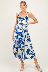 Blue Floral Square Neck Waist Tie Maternity Midi Dress