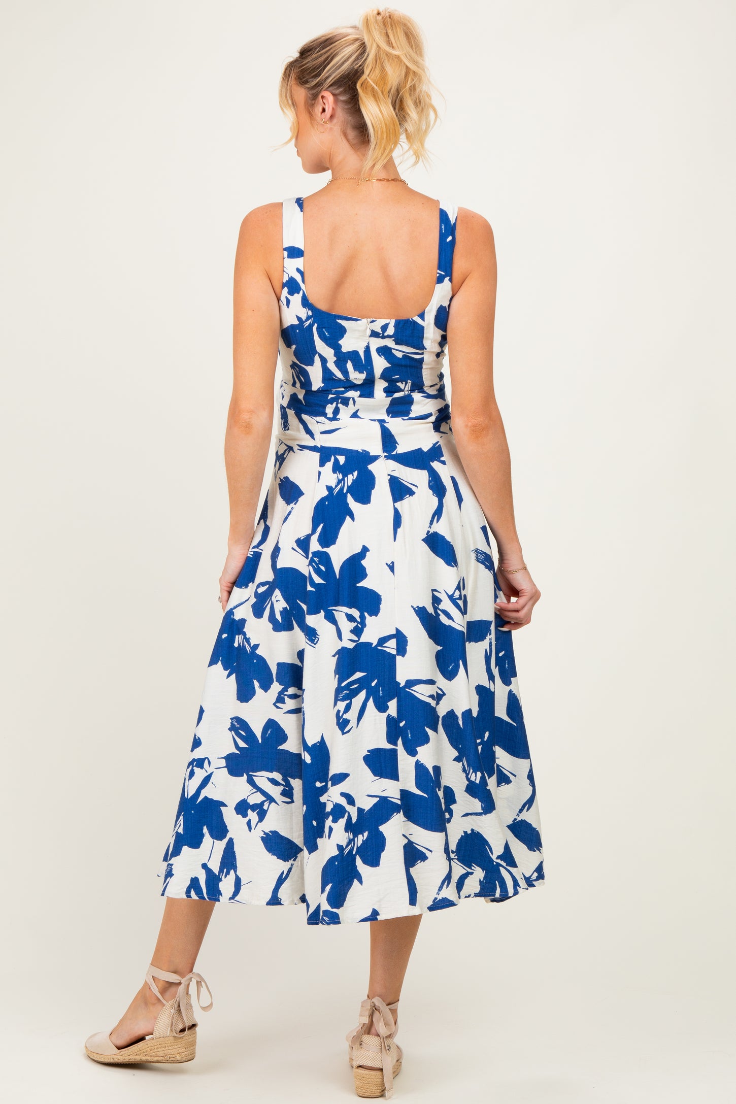Blue Floral Square Neck Waist Tie Maternity Midi Dress