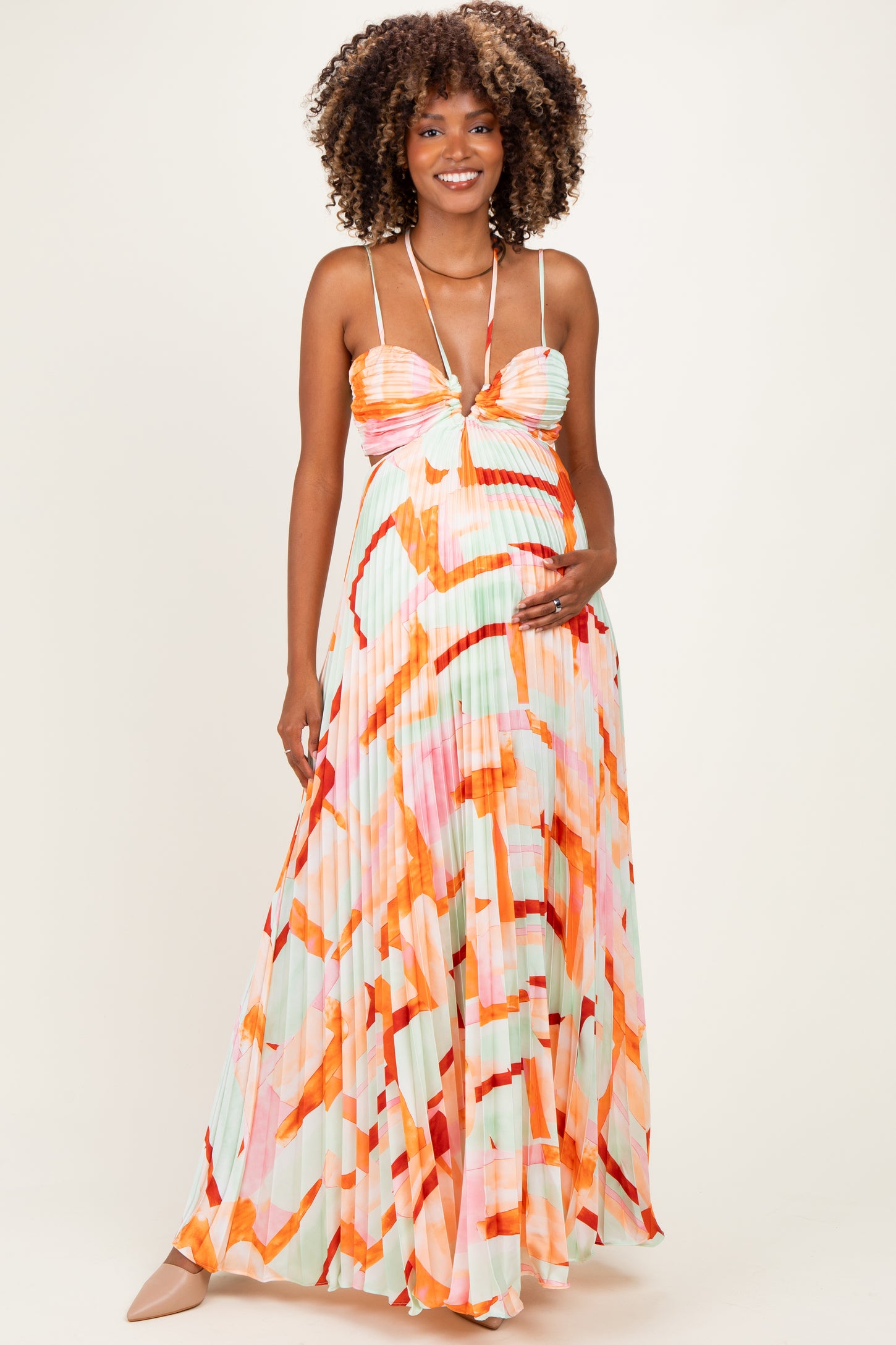 Multicolor Pleated Halter Cutout Maternity Maxi Dress