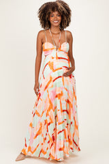 Multicolor Pleated Halter Cutout Maternity Maxi Dress