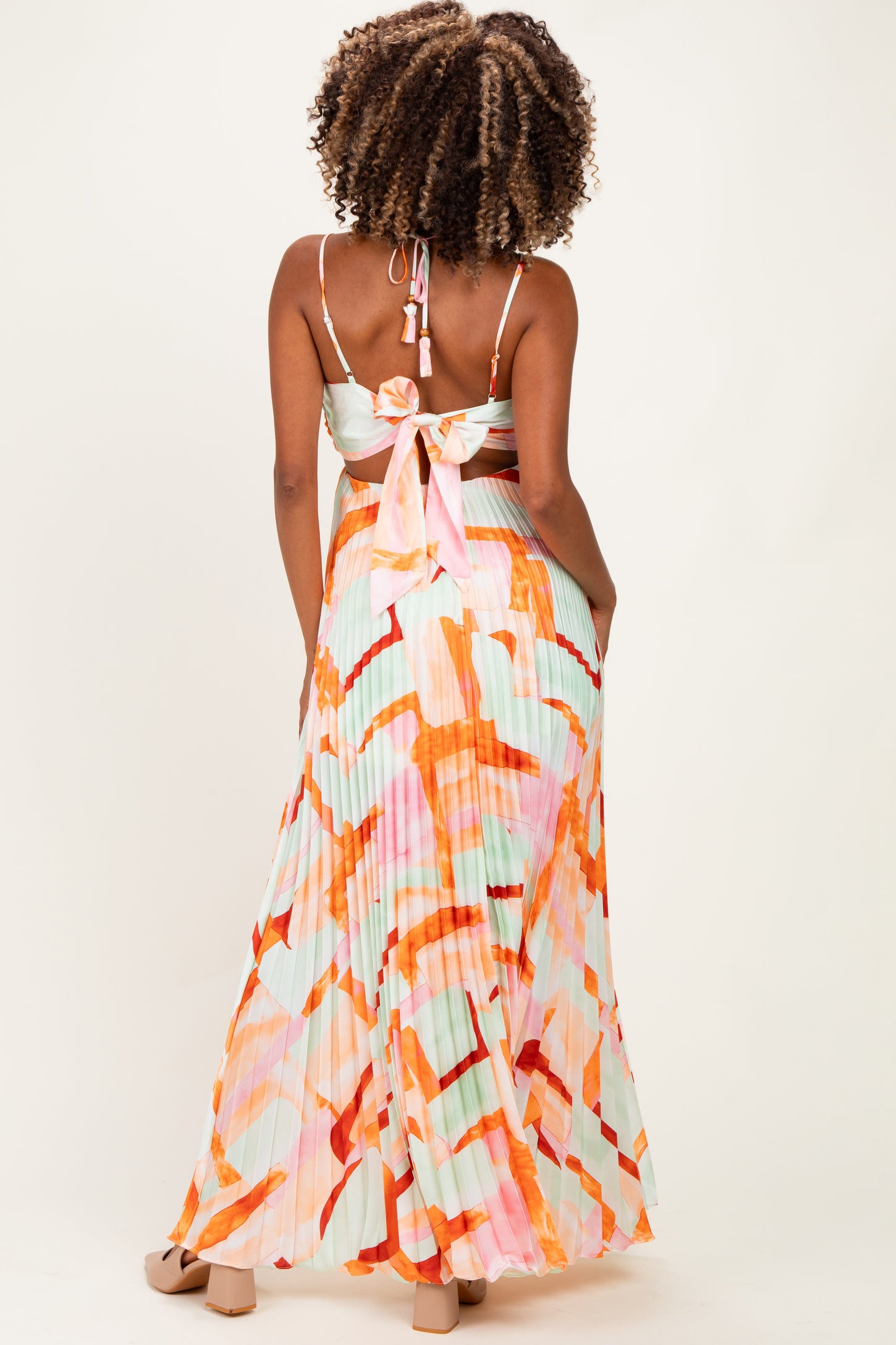Multicolor Pleated Halter Cutout Maternity Maxi Dress