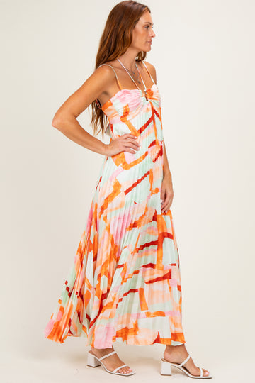 Multicolor Pleated Halter Cutout Maxi Dress