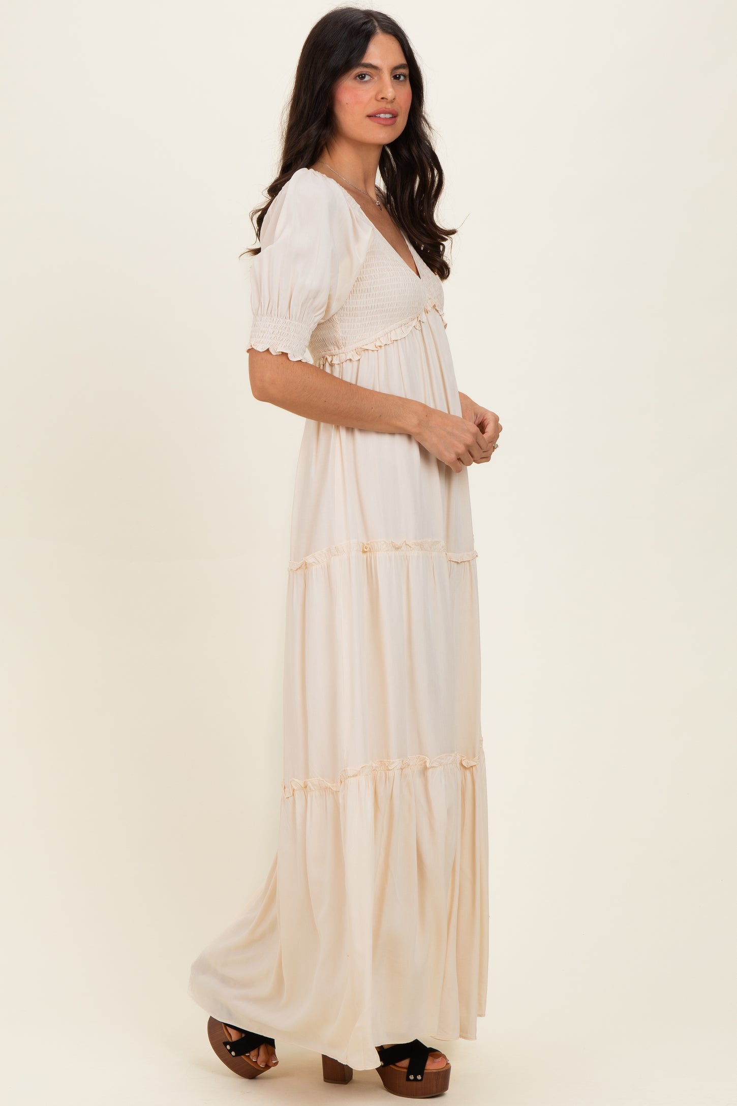 Cream V-Neck Smocked Tiered Maxi Dresses