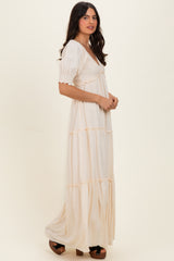 Cream V-Neck Smocked Tiered Maxi Dresses