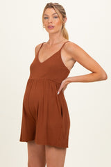 Brown Ribbed Knit Babydoll Maternity Romper