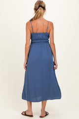 Denim Blue Solid Smocked Maternity Maxi Dress