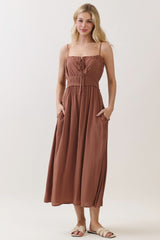 Brown Solid Smocked Maxi Dress