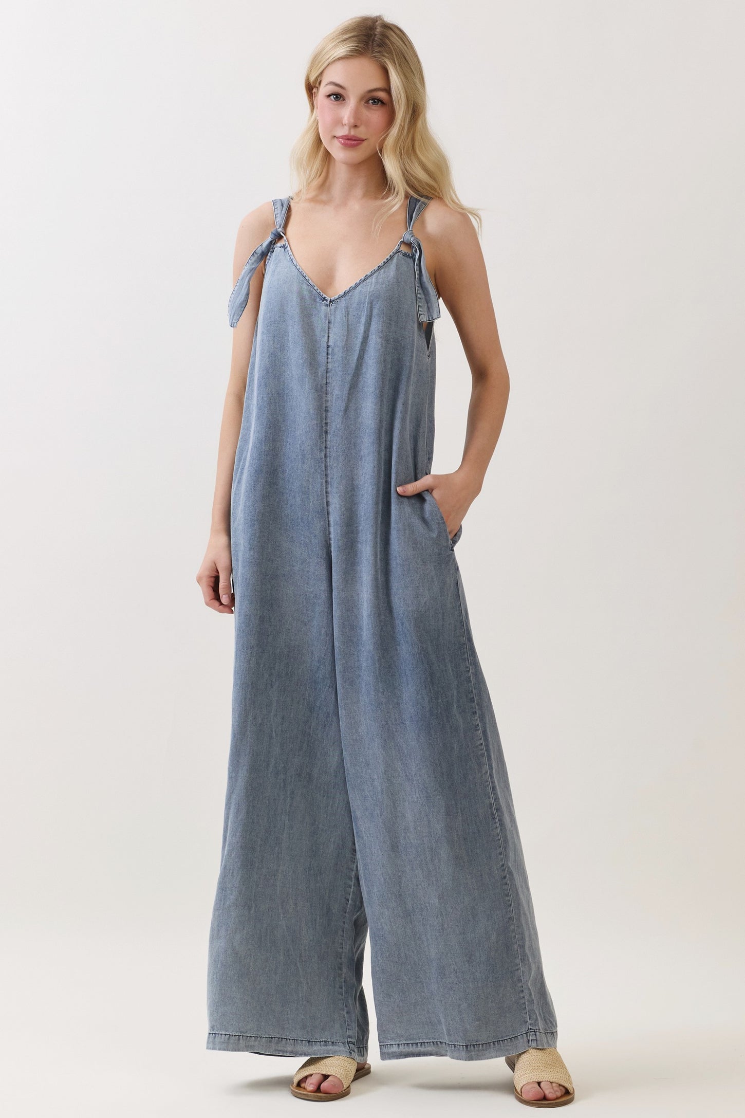 Denim V-Neck Tie Wide Leg Maternity Jumpsuit